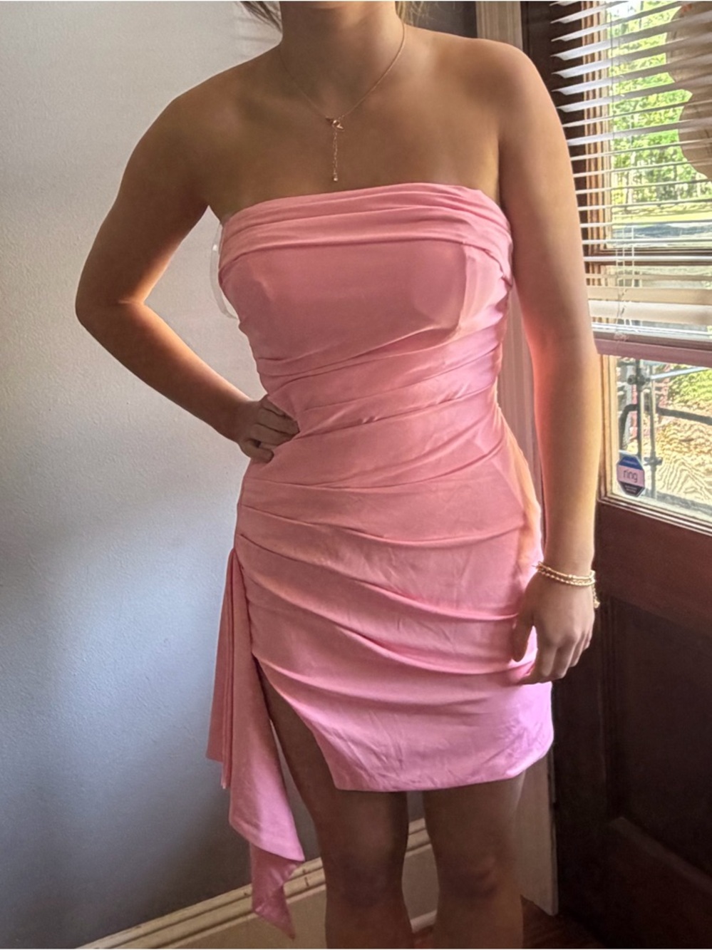 Strapless Pink Ruched Mini Dress
